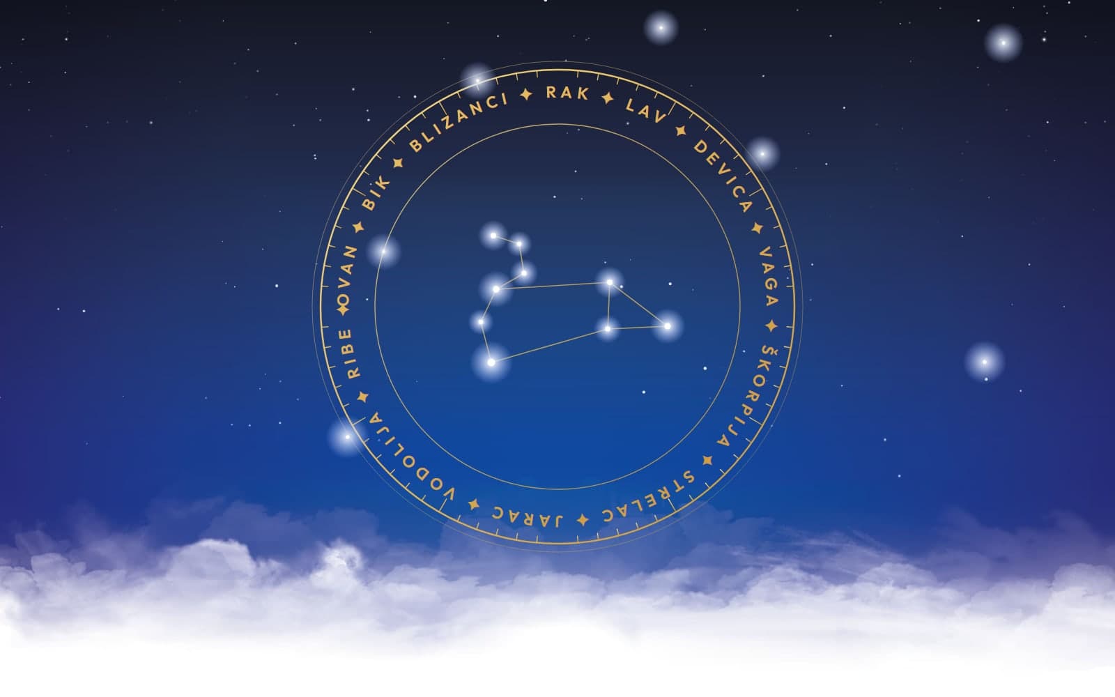 Zlatni astrolab sa imenima horoskopskih znakova i sazvežđem Lava na noćnom nebu